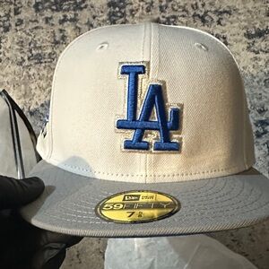 Dodgers 7 5/8 white and grey with blue bottom cap logo and side logo glow@night
